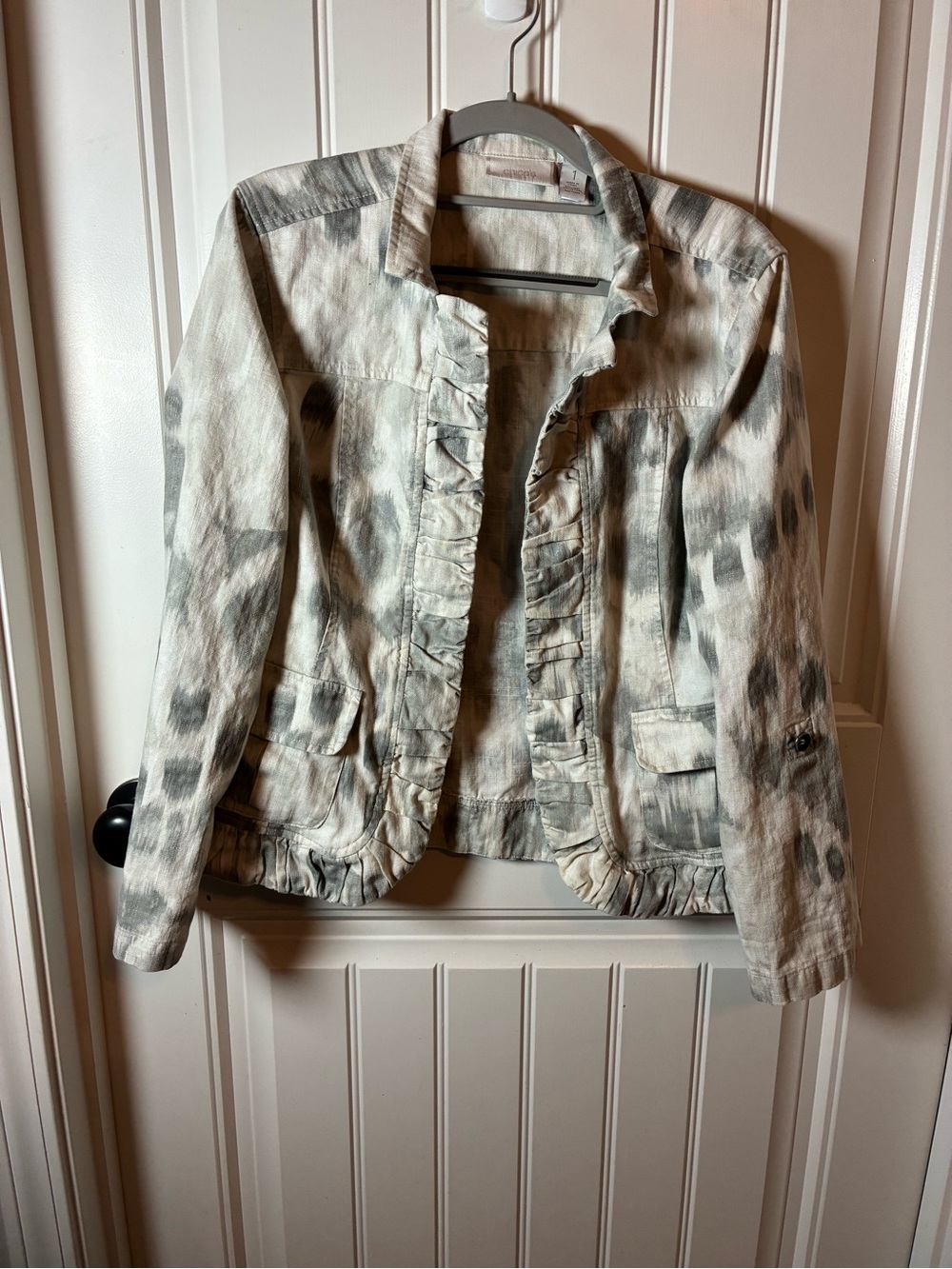 Chico's Cream and Gray Ruffle-Trim Open Blazer